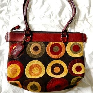 Vintage Handmade Leather and Tapestry Medium Size Shoulder Bag Purse